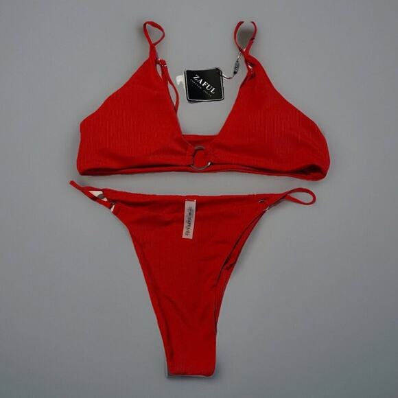 Zaful Red O-Ring Bikini Set Medium Women’s Ribbed Triangle Swimwear Two Piece - Picture 3 of 9